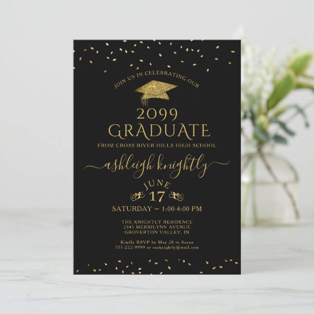 Invitation Elégant Graduate Gold Parties scintillant Confetti (Debout devant)