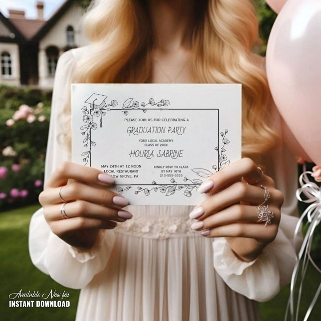 Invitation Elégant Graduation Bordure florale noire et blanch (Créateur téléchargé)