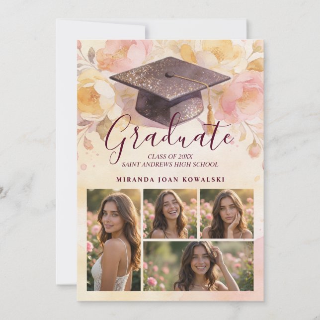 Invitation Elegant Graduation Cap 5-Photo Collage Floral (Devant)