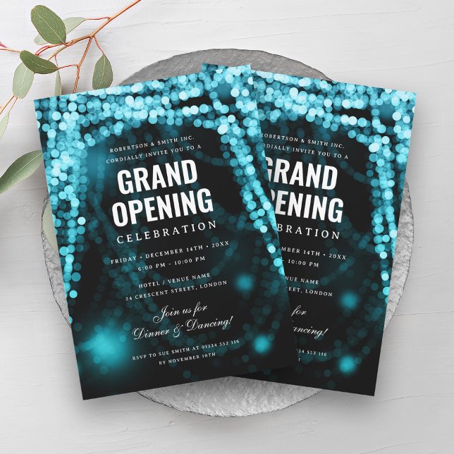 Invitation Élégant Grand Ouverture Affaires Lumières Turquois (Elegant Grand Opening Business Turquoise Lights Invitation)