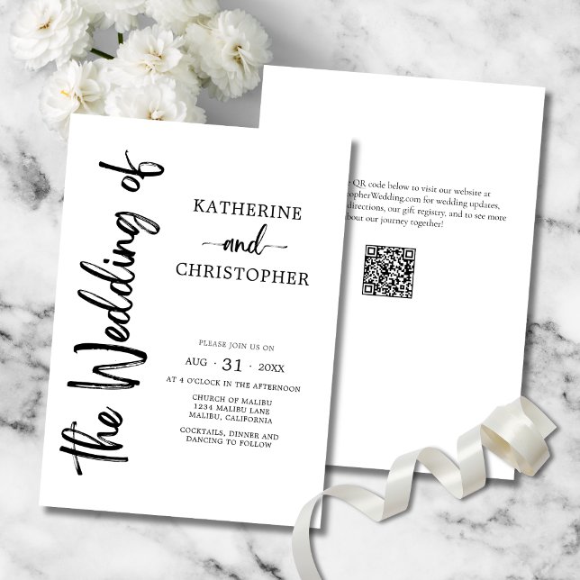 Invitation Élégant Gras Script noir blanc Mariage formel (Elegant  Bold Black & White Script Wedding Invitation with Vertical Calligraphy, QR Code.)