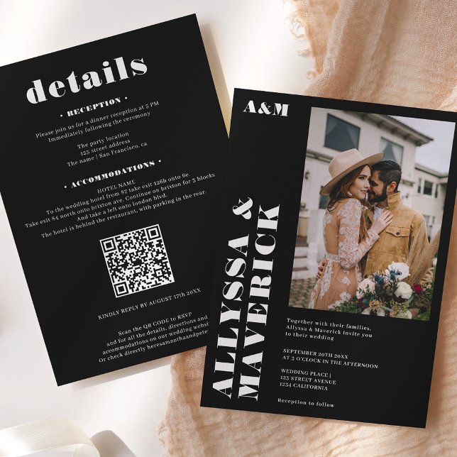 Invitation Élégant Gras simple blanc noir mariage photo (Créateur téléchargé)