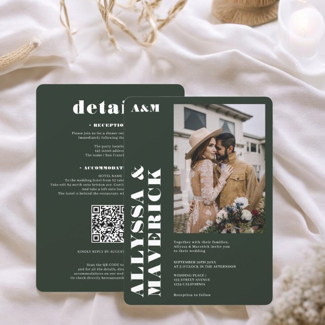 Invitation Élégant Gras simple blanc profond vert mariage pho (Elegant Bold simple white deep green photo wedding Invitation)