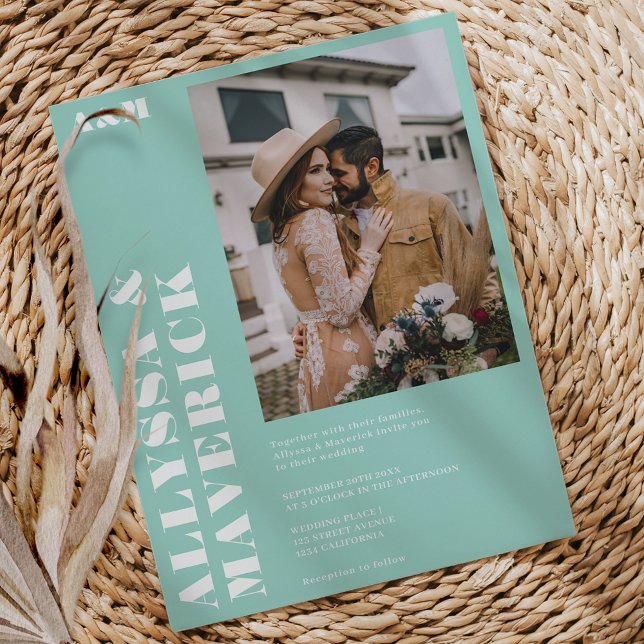 Invitation Élégant Gras simple bleu turquoise mariage photo (Elegant Bold simple turquoise blue photo wedding Invitation)