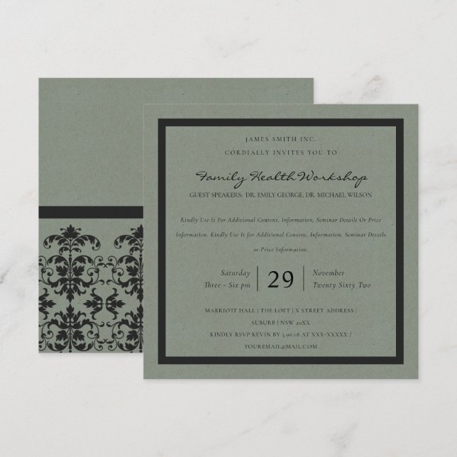 INVITATION ÉLÉGANT GRAY BLACK DAMASK CLASSIQUE ATELIER (Devant / Derrière)