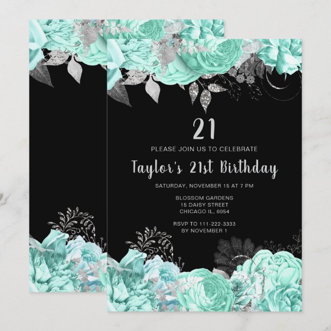 Invitation Elegant Green and Silver Flowers Birthday Party (Devant / Derrière)