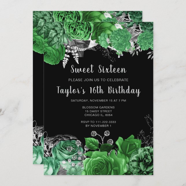 Invitation Elegant Green and Silver Flowers Sweet Sixteen (Devant / Derrière)