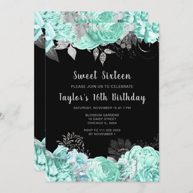Invitation Elegant Green and Silver Flowers Sweet Sixteen (Devant / Derrière)
