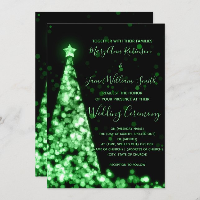 Invitation Élégant Green Christmas Tree Mariage de vacances (Devant / Derrière)
