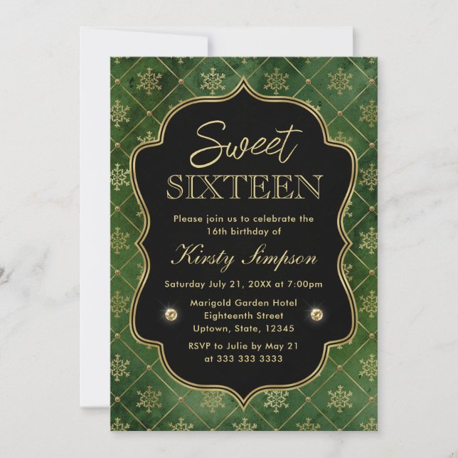 Invitation Élégant Green et Gold Winter Snowflakes Sweet 16 (Devant)