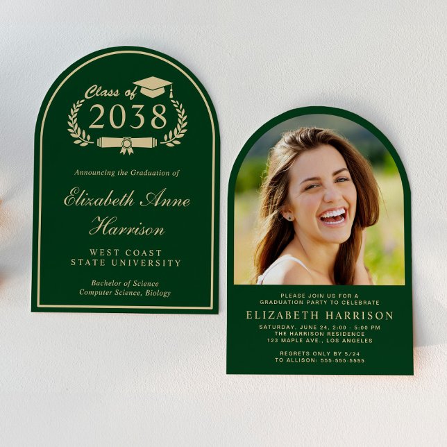 Invitation Elégant Green Gold Arch Photo Graduation Party (An elegant arch-shaped photo graduation party invitation to celebrate the graduate's achievements)