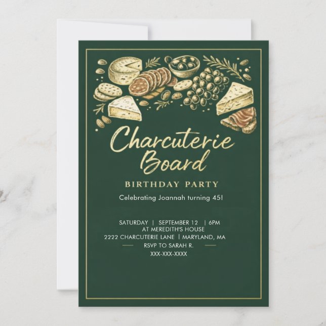 Invitation Elegant Green & Gold Charcuterie Board Birthday (Devant)