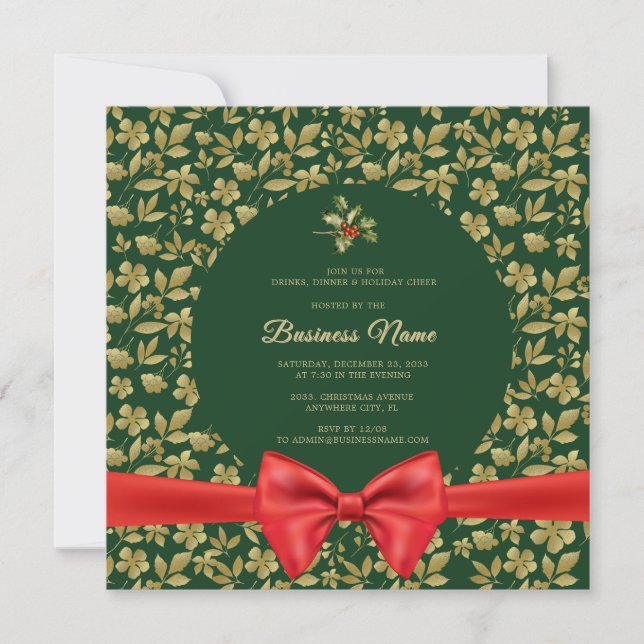 Invitation Élégant Green Gold Floral Noël Business Party (Devant)