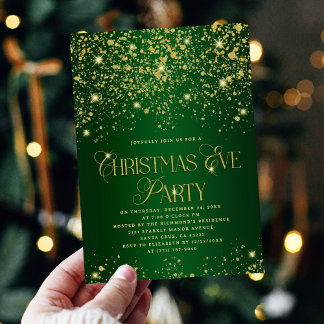 Invitation Elegant Green Gold Glitter Christmas Eve Party