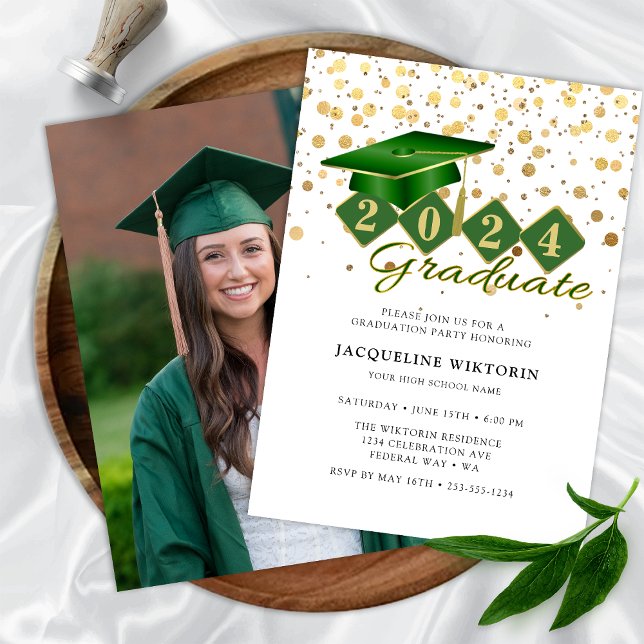 Invitation Élégant Green Gold Graduation Photo Party (Classic Green Gold Graduation Photo Party Invitation)