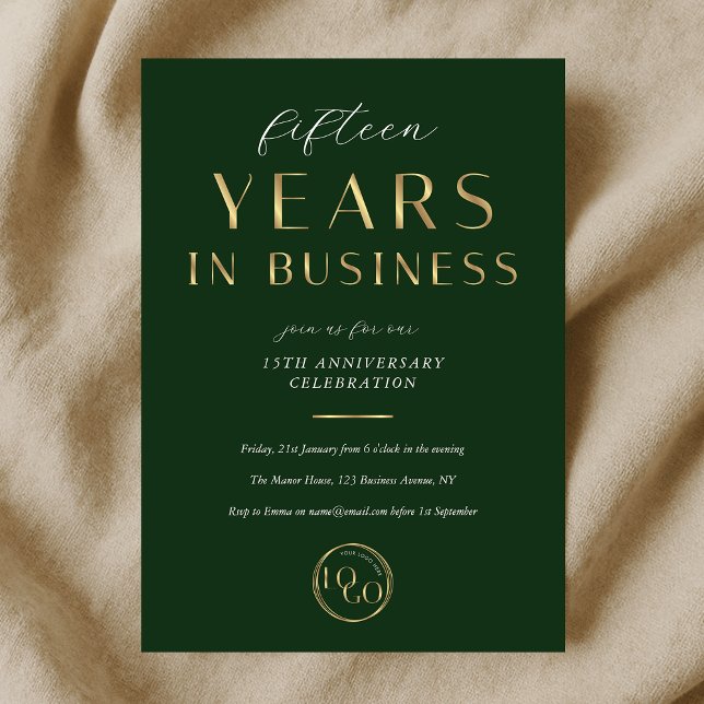 Invitation Elegant Green & Gold Logo Business Anniversary (Créateur téléchargé)