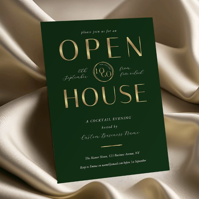 Invitation Elegant Green & Gold Logo Business Open House (Créateur téléchargé)
