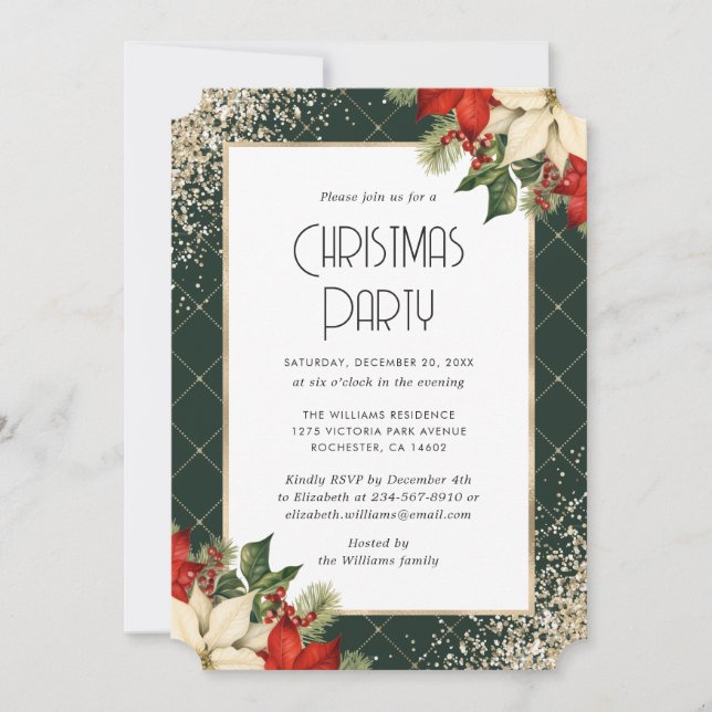 Invitation Elegant Green Gold Poinsettia Christmas Party (Devant)