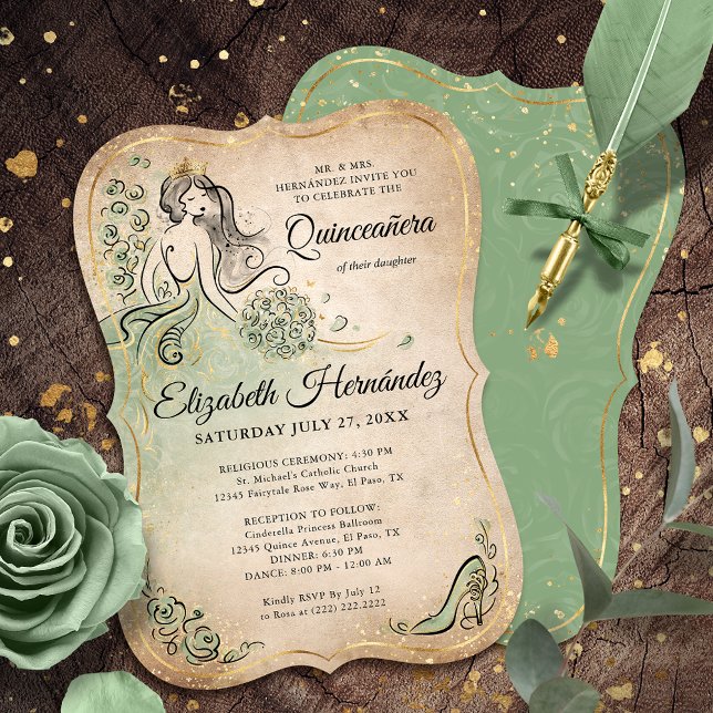 Invitation Elegant Green Gold Princess Quinceanera Birthday (Bring your fairytale to life with these gold and sage green birthday invitations fit for a princess.)