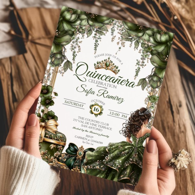 Invitation Elegant Green Golden Tiara Floral  Quinceañera (Créateur téléchargé)