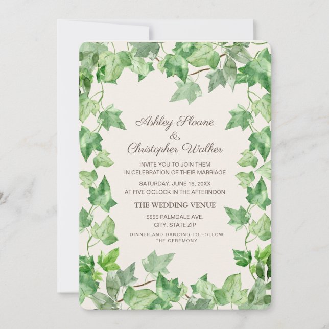 Invitation Élégant Green Ivy Feuille Mariage de crème (Devant)
