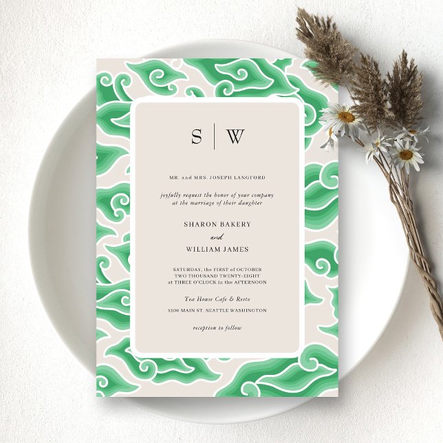 Invitation Élégant Green Ocean Waves Monogram Mariage (Personalized Timeless Elegance Classical Green Wedding Invitation)