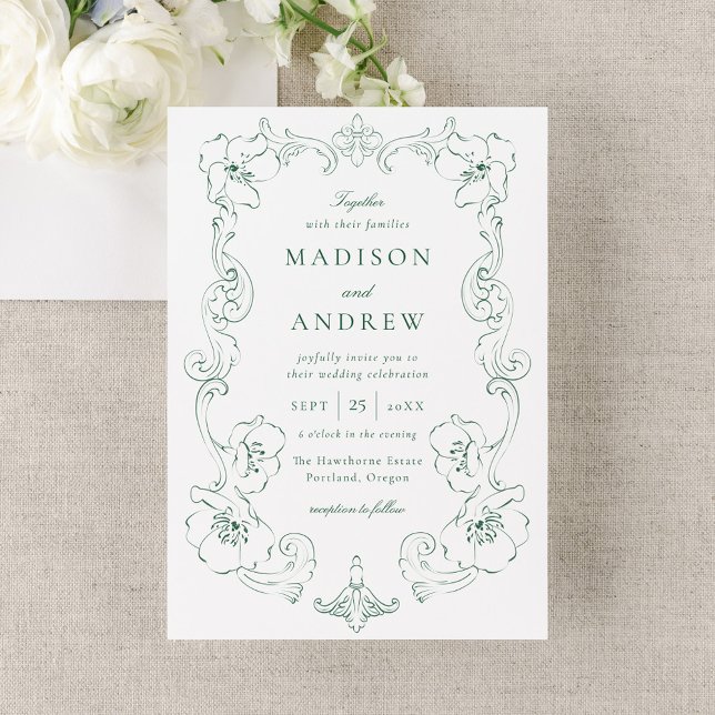 Invitation Elegant Green Ornate Floral Frame Wedding (Créateur téléchargé)