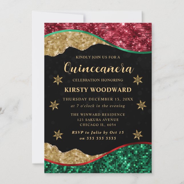 Invitation Elegant Green Red & Gold Snowflake Quinceanera (Devant)