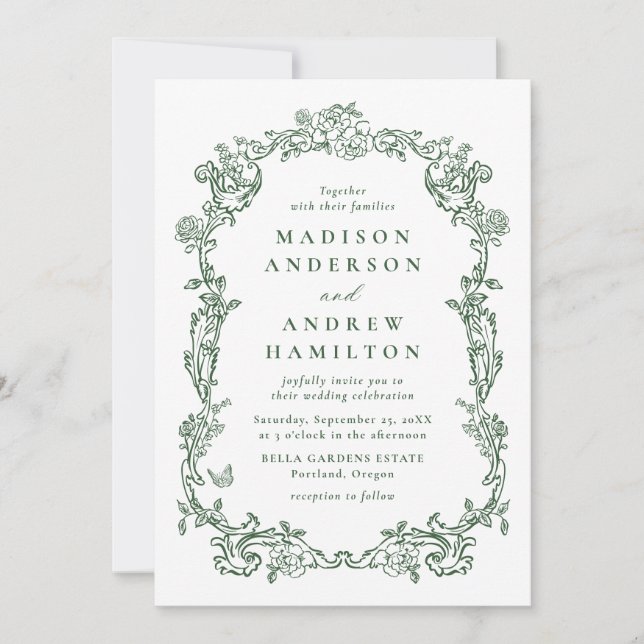 Invitation Elegant Green Victorian Floral Frame Wedding (Devant)