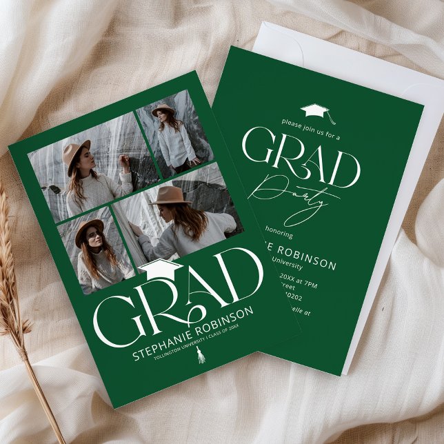 Invitation Elegant Green & White 4 Photo Graduation Party (Créateur téléchargé)