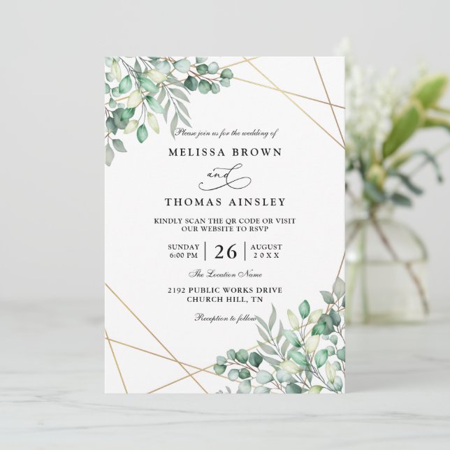 Invitation Elegant Greenery Eucalyptus QR Code Wedding (Debout devant)