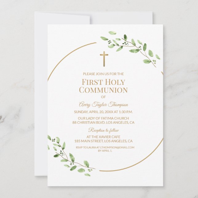 Invitation Elegant Greenery Gold Cross First Holy Communion  (Devant)