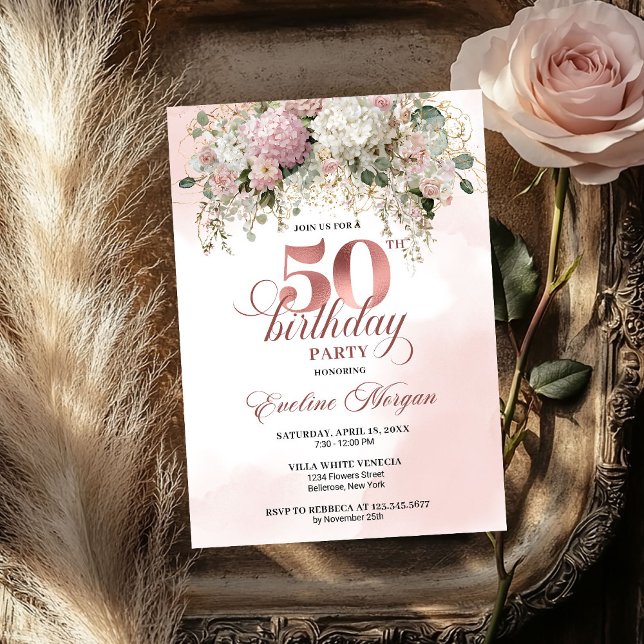 Invitation Elegant Greenery Rose Gold Blush 50th Birthday  (Elegant Greenery Rose Gold Blush 50th Birthday Party Invitation

)
