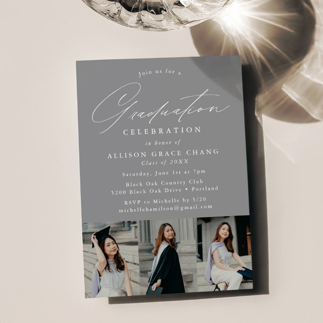 Invitation Elegant Grey 3 Photo Graduation Party (Créateur téléchargé)