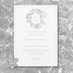 Invitation Elegant Grey Chinoiserie Bird & Crest Mariage
