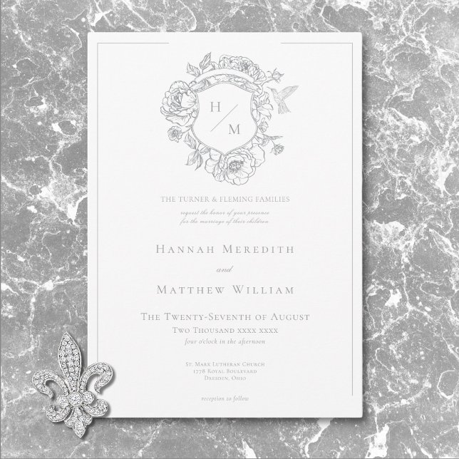 Invitation Elegant Grey Chinoiserie Bird & Crest Mariage (Elegant Gray Chinoiserie Bird & Crest Wedding Invitation)