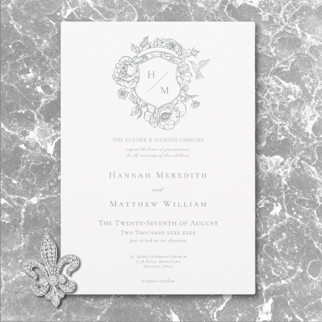 Invitation Elegant Grey Chinoiserie Bird & Crest Mariage (Elegant Gray Chinoiserie Bird & Crest Wedding Invitation)