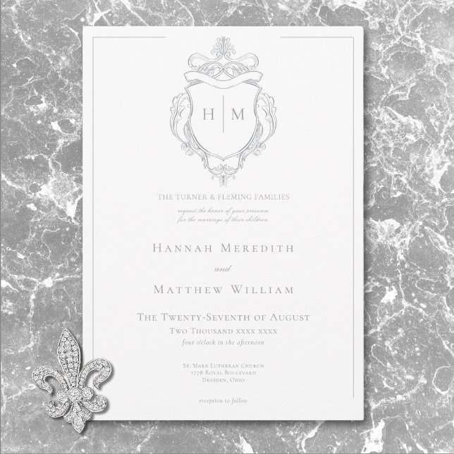 Invitation Elegant Grey Chinoiserie Bird & Crest Mariage (Créateur téléchargé)