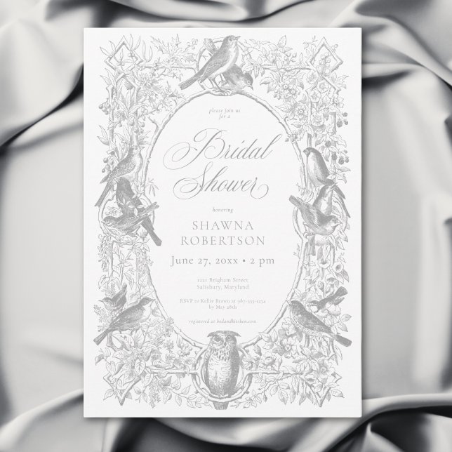 Invitation Elégant Grey Chinoiserie Nature & Oiseaux Douche (Elegant Gray Chinoiserie Nature & Birds Bridal Shower Invitation)