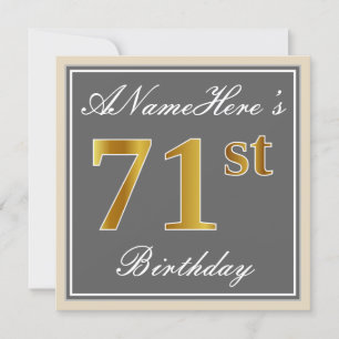 Invitation Elégant, Grey, Faux Gold 71ème Anniversaire + Nom