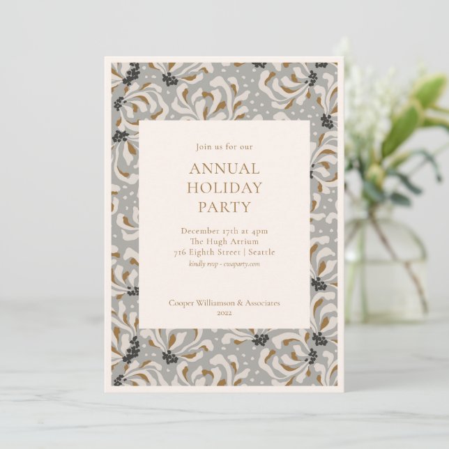 Invitation Elegant Grey Gold Botanical Office Fête de Vacance (Debout devant)