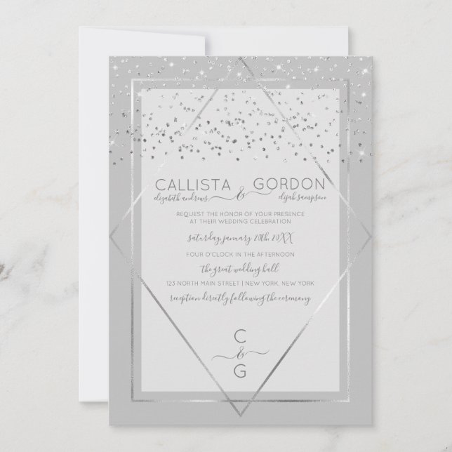 Invitation Elégant Gris Argent Confetti Geo Mariage frontière (Devant)