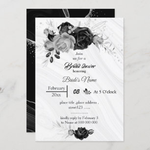 Invitation élégant gris argenté et fleurs noires douche de ma