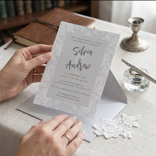 Invitation Élégant gris argenté floral en dentelle vintage ma