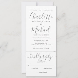 Invitation Élégant gris blanc script tout-en-un photo mariage