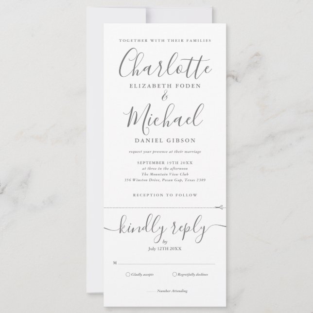 Invitation Élégant gris blanc script tout-en-un photo mariage (Devant)