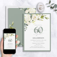 Élégant gris blanc vert floral 60e anniversaire