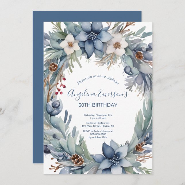 Invitation Elégant gris bleu hiver Anniversaire (Devant / Derrière)