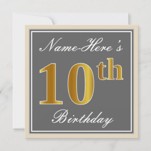 Invitation Elégant, gris, Faux Gold 10e anniversaire + Nom