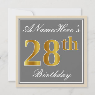 Invitation Elégant, gris, Faux Gold 28ème anniversaire + Nom